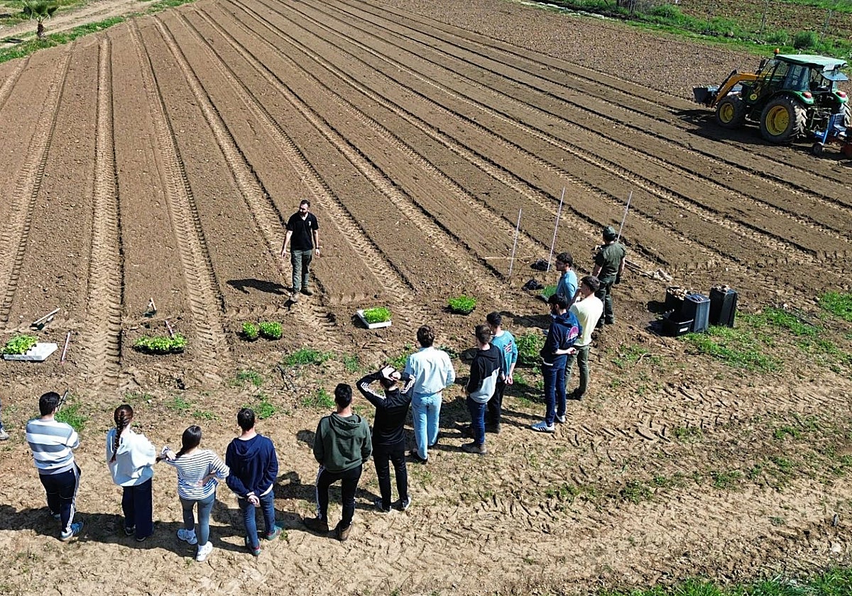 Foto a vista de dron durante una clase práctica en la Escuela de Ingenierías Agrarias de la UEx.