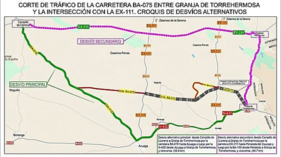 Corte de la carretera BA-075 en Granja de Torrehermosa: estos son los desvíos alternativos
