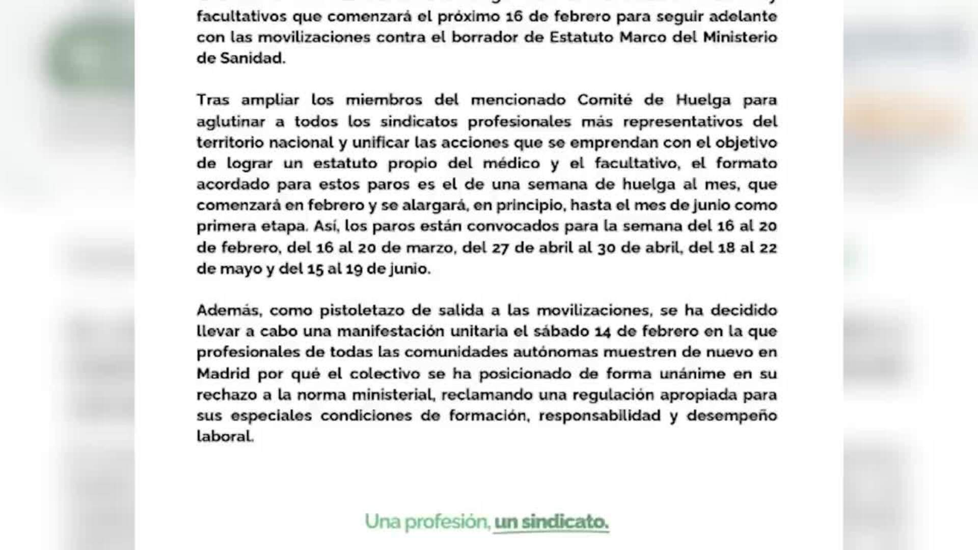 Sindicatos médicos convocan una semana de huelga al mes para reclamar un Estatuto propio