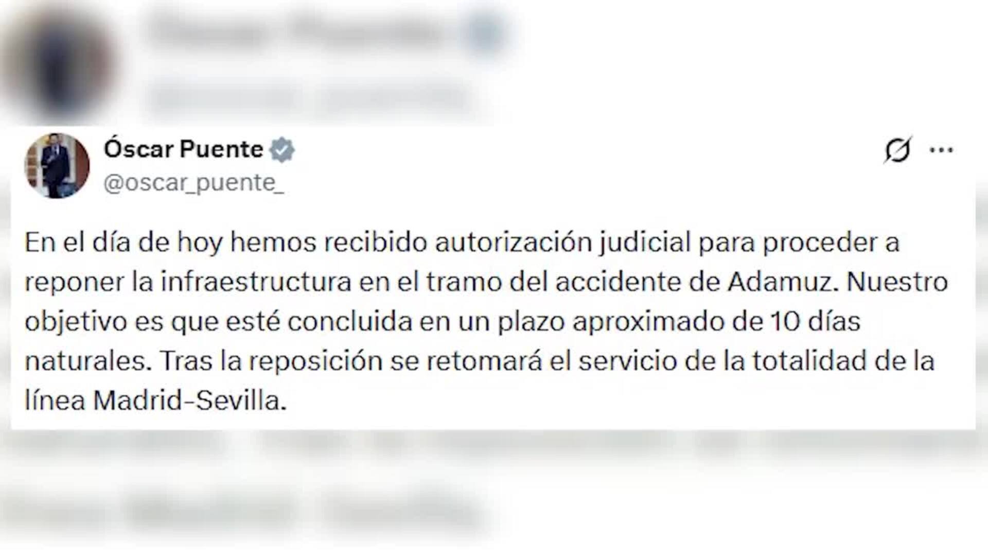 Puente anuncia que la línea de alta velocidad Madrid-Andalucía podría reabrirse en 10 días