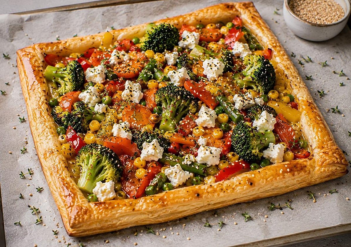 Hojaldre rústico de verduras asadas, feta y miel