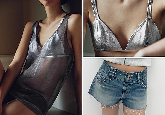 Short vaquero con un top de hilo metalizado y un sujetador en plata.