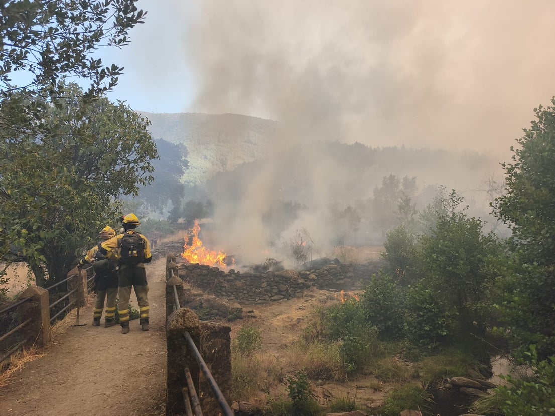 Efectivos trabajando entre las 19 y las 20 horas de este miércoles, con el fuego muy próximo al pueblo de Cerezal.