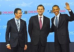 Anders Fogh Rasmussen, Mariano Rajoy y Barack Obama. / Foto: David Banks (Efe) | Vídeo: Atlas