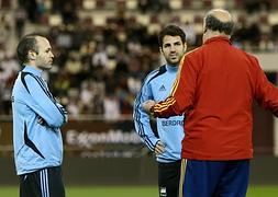 Iniesta (iz), Cesc (ce) y Del Bosque (de), durante un entrenamiento de la selección española./AFP