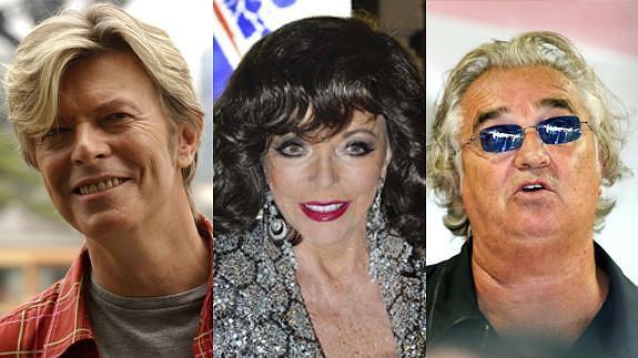 David Bowie, Joan Collins y Flavio Briatore.