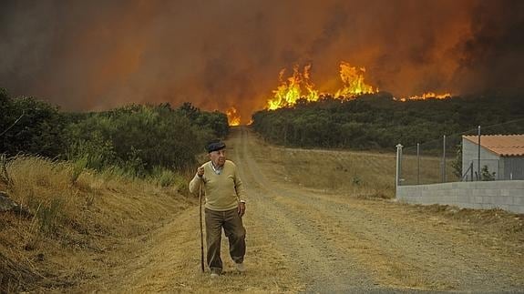 En la imagen, un vecino de la localidad de Cabreiro ante las llamas del incendio forestal de Cualedro.