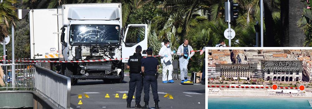 Foto del conductor del camión y de los policías y forenses trabajando en el lugar de la masacre.