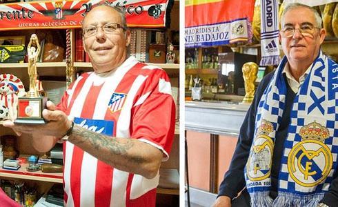 Fernando Medina, en el santuario de su despacho. A la derecha, Pepe Sáez en la venta Don José con banderas del Real. :: 