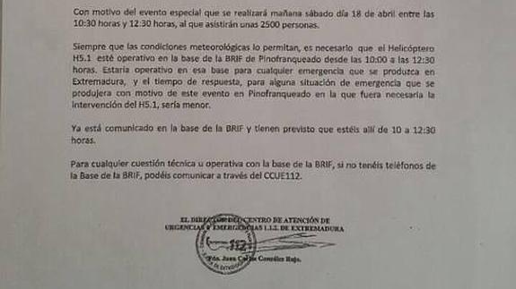 El 112 desplazó el helicóptero de su base de Malpartida a Las Hurdes por el mitin del PP