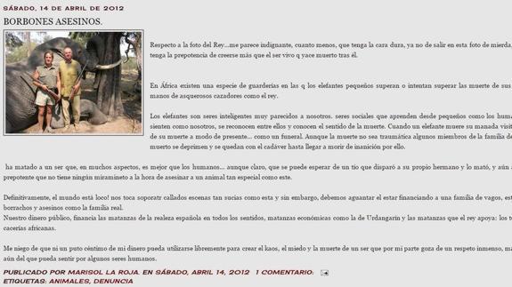 Entrada del blog de 'Marisol la Roja' donde habla de la Familia Real.
