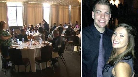 Los comensales invitados al banquete. A la derecha, los novios que anularon la boda. / KCRA 