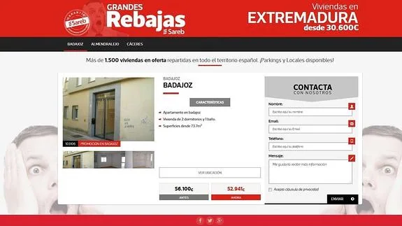 Página de la web de la Sareb dedicada a la oferta de Badajoz