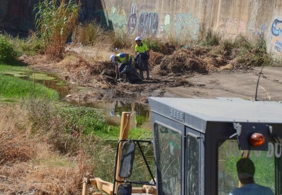 Los operarios retiran la basura a mano delante de la motoniveladora. :: casimiro moreno