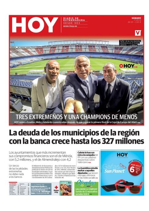 Portada de HOY del 17 de mayo de 2014 con Eusebio, Melo y Adelardo en el Vicente Calderón. :: HOY