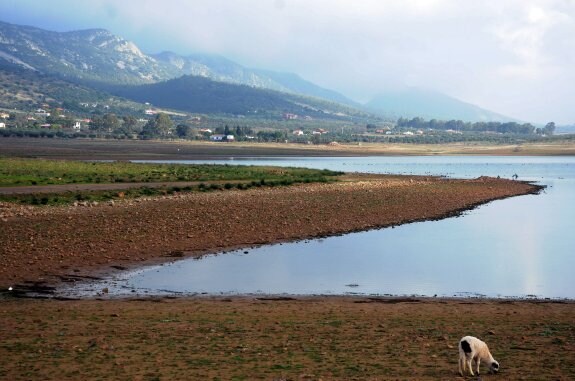 El pantano de Alange en una imagen del pasado mes de diciembre, cuando se encontraba a la mitad de su capacidad. :: brígido