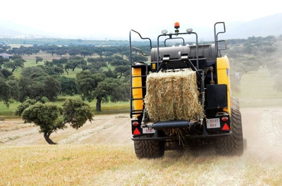 Una máquina empacadora expulsa un fardo de forraje en una finca del término municipal de La Morera, en la comarca de Zafra. :: BRÍGIDO