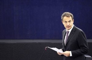 Zapatero, en un acto en el Parlamento de Estrasburgo. ::
EFE