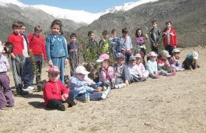 Niños tras la repoblación, con la sierra de fondo. ::                             A.G.S.