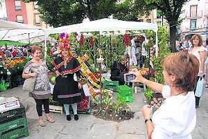 Una mujer posa junto a una montehermoseña, ayer en el mercado de frutas y verduras de la Plaza Mayor, mientras una amiga la fotografía. ::                             PALMA