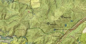 Plano de la zona  de la zona de  Fuente del Sapo, N-630 y autovía, con  los puntos entre los que irán los molinos. ::                             ANDY SOLÉ