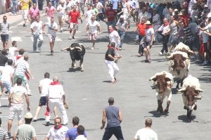 Izquierda, un joven salta a 'Fandanguero', un toro que dio un gran juego. A la derecha arriba, 'Jaretillo', un bello ejemplar de pelo negro burraco, en la plaza. Abajo, encierro del toro 'Batán', de la Peña 'El 27', ayer a mediodía. ::
KARPINT