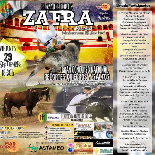 Los recortadores vuelven a la plaza de toros de Zafra el 29 de septiembre para el concurso y I Trofeo Feria de San Miguel