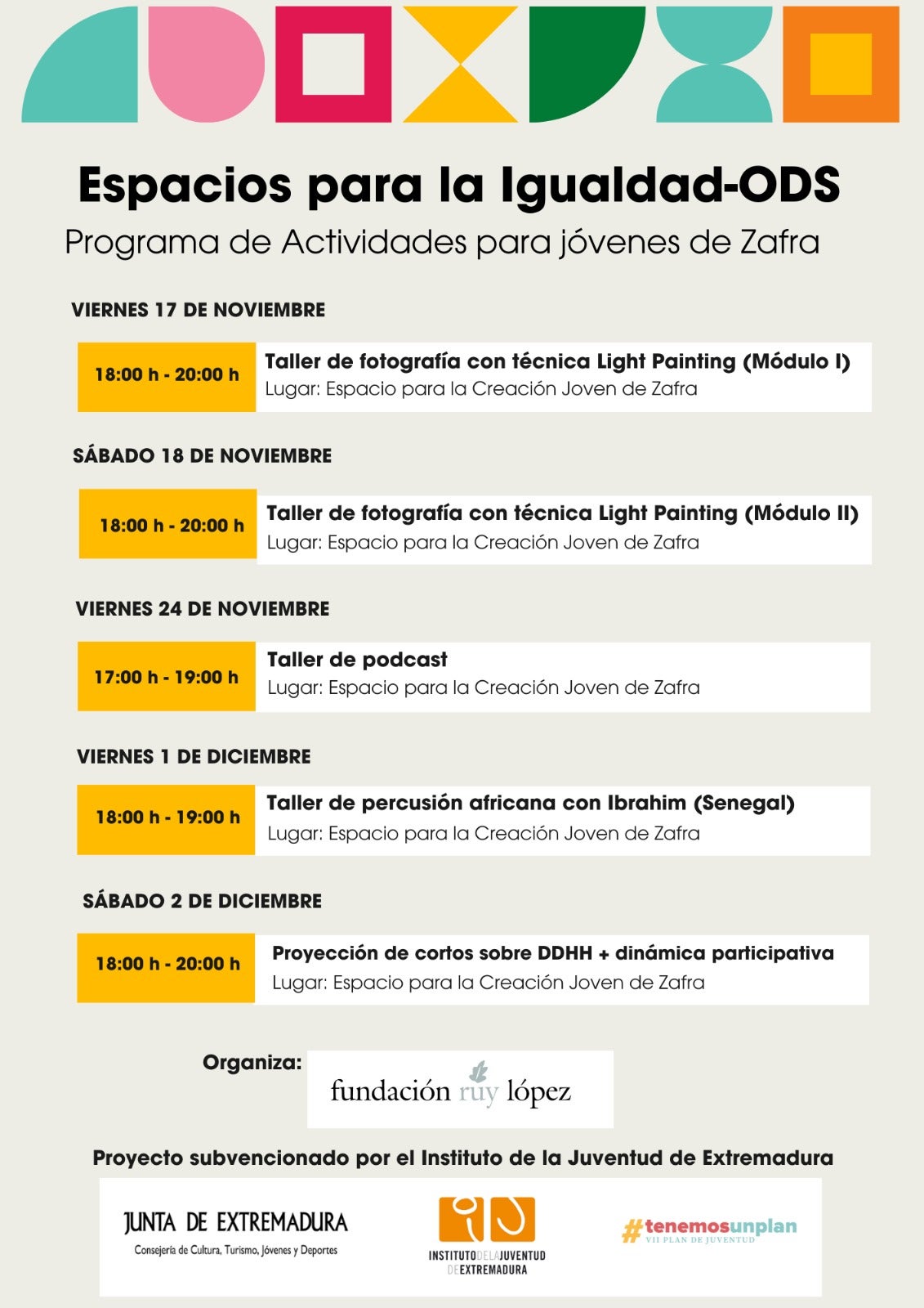 'Espacio para Igualdad-ODS', un programa variado de actividades variado para los jóvenes en el Espacio para la Creación Joven