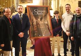 El presidnete dela Junta Local junto al pregonero, el autor del cartel y los párrocos de Zafra