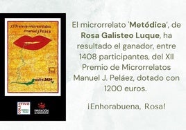 Rosa Galisteo Luque gana el XII Concurso de Microrrelatos con 'Metódica'
