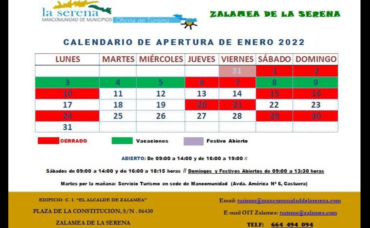 Publicado el calendario de apertura de la Oficina de Turismo de Zalamea durante el mes de enero