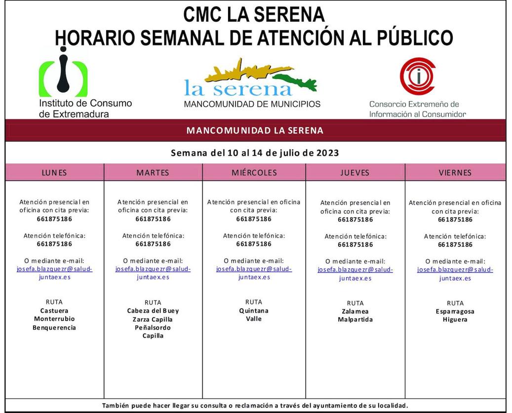 Horario semanal de Atención al público de CMC La Serena