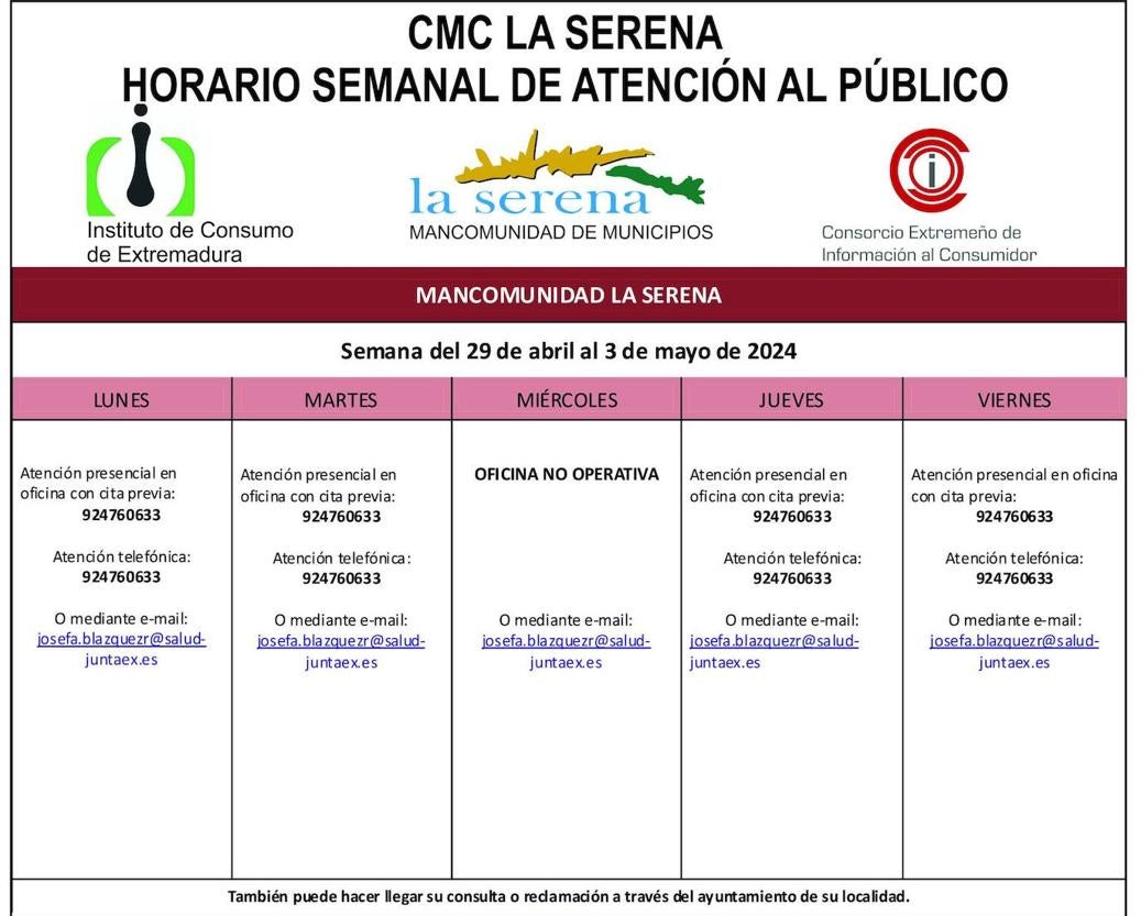 Horario semanal de Atención al público de CMC La SerenaEl jueves 13 la ruta pasará por Zalamea de la Serena