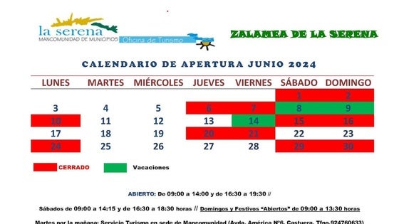 Horarios de las Oficinas de Turismo de la Mancomunidad para junio