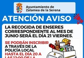 El 21 de junio se llevará a cabo la recogida de enseres del mes de junio