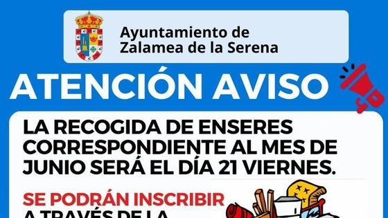 El 21 de junio se llevará a cabo la recogida de enseres del mes de junio