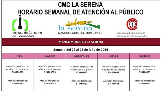 Horario semanal de Atención al público de CMC La Serena