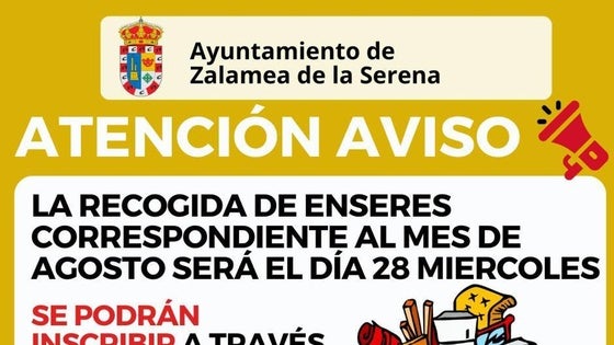 El 28 de agosto se llevará a cabo la recogida de enseres del mes de agosto