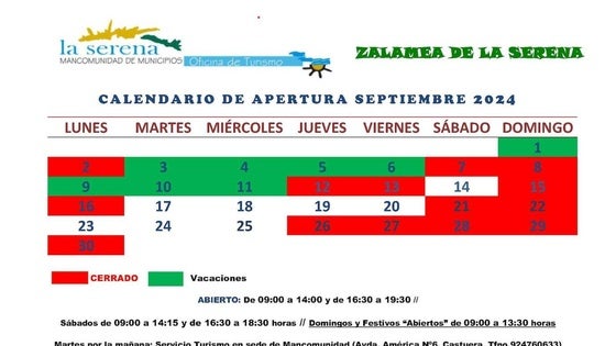 Horarios de las Oficinas de Turismo de la Mancomunidad para septiembre