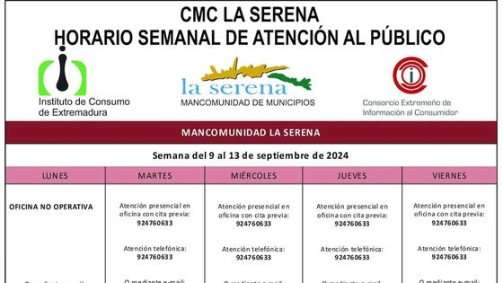 Horario semanal de Atención al público de CMC La Serena
