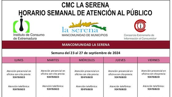 Horario semanal de Atención al público de CMC La Serena