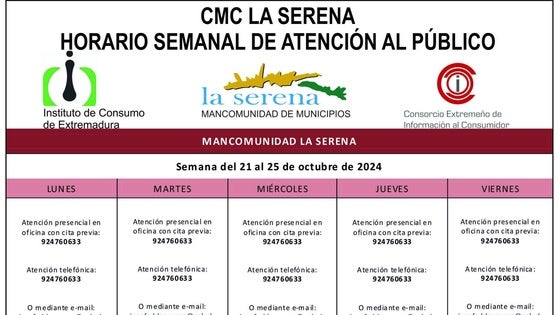 Horario semanal de Atención al público de CMC La Serena