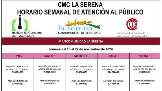 Horario semanal de Atención al público de CMC La Serena