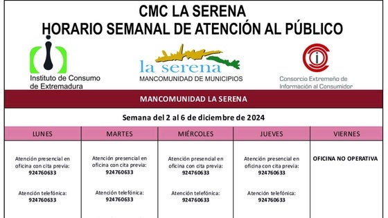 Horario semanal de Atención al público de CMC La Serena