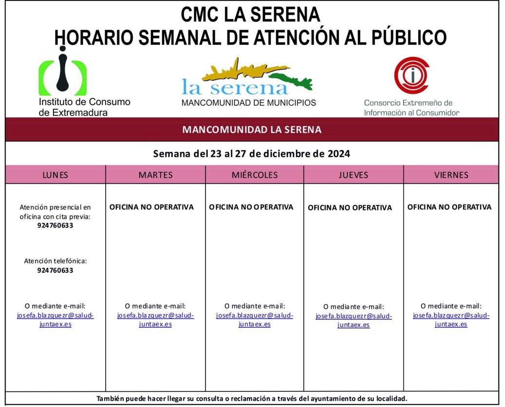 Horario semanal de Atención al público de CMC La Serena