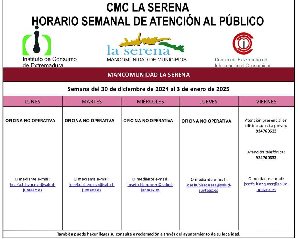 Horario semanal de CMC La Serena