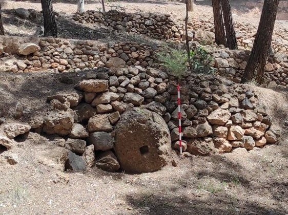 La pieza histórica hallada en Castala presenta un agujero circular en el centro, que serviría para ajustar una palanca en el proceso del prensado.