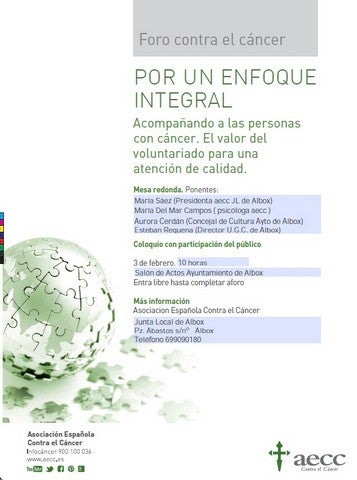 El salón de actos del Ayuntamiento de Albox emitirá el Foro Anual de la Asociación Española Contra el Cáncer y celebrará una mesa redonda