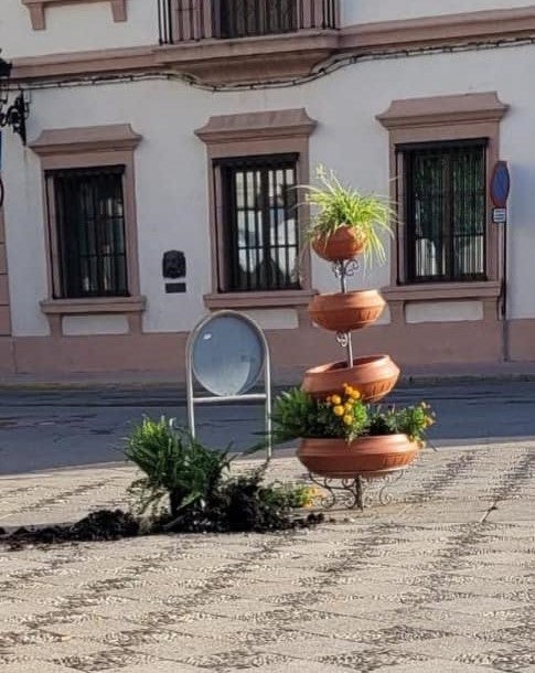 Maceteros derribados en la Plaza de España. 