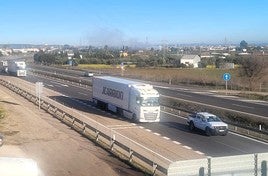 Paso de camiiones y coches por la autovía, a la altura de Andújar.